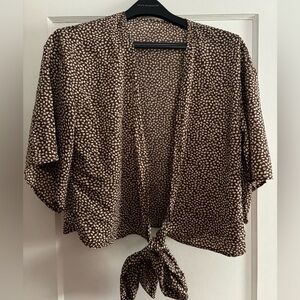 SHEIN Brown and Cream Patterned Tie Blouse